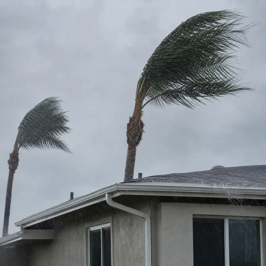 Two palm trees bending in strong wind and rain above a single-story stucco house with a shingled roof and gutters, under an overcast gray sky.