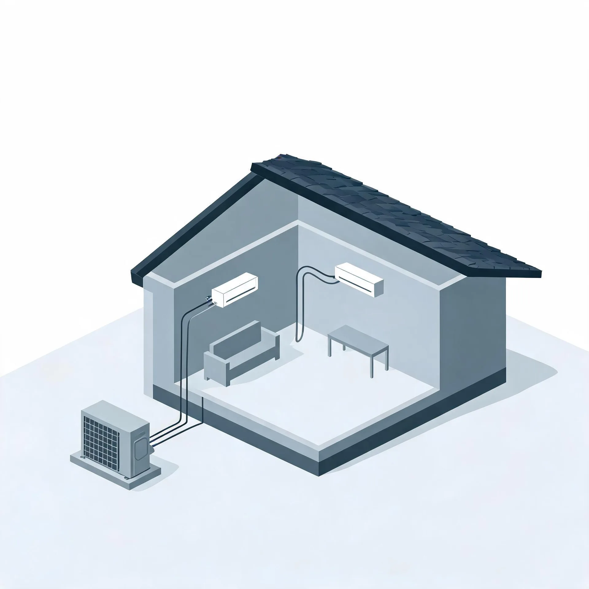 Isometric illustration of a cutaway house showing two wall-mounted indoor air conditioning units connected by line sets to an outdoor condenser unit, with a sofa and table inside the room.
