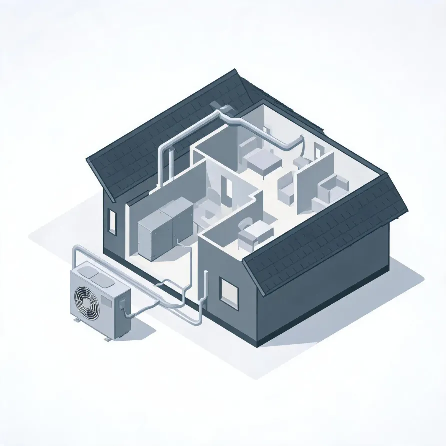 Isometric grayscale illustration of a cutaway house showing interior rooms, ductwork and an indoor air handler connected by lines to an outdoor condenser unit on the ground outside.