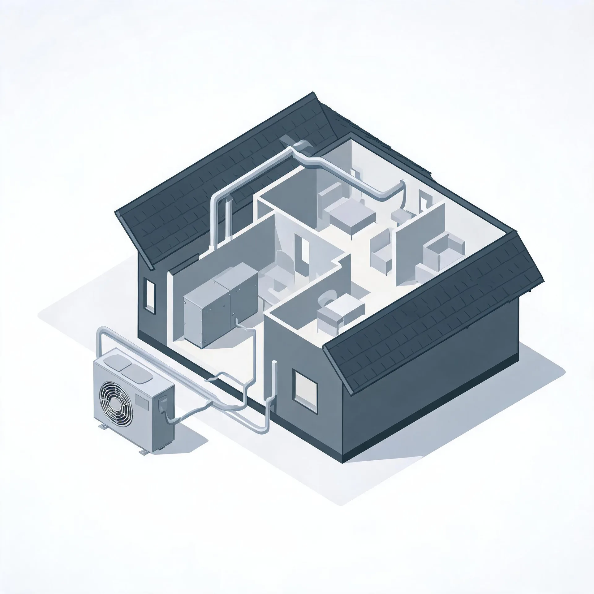 Isometric grayscale illustration of a cutaway house showing interior rooms, ductwork and an indoor air handler connected by lines to an outdoor condenser unit on the ground outside.