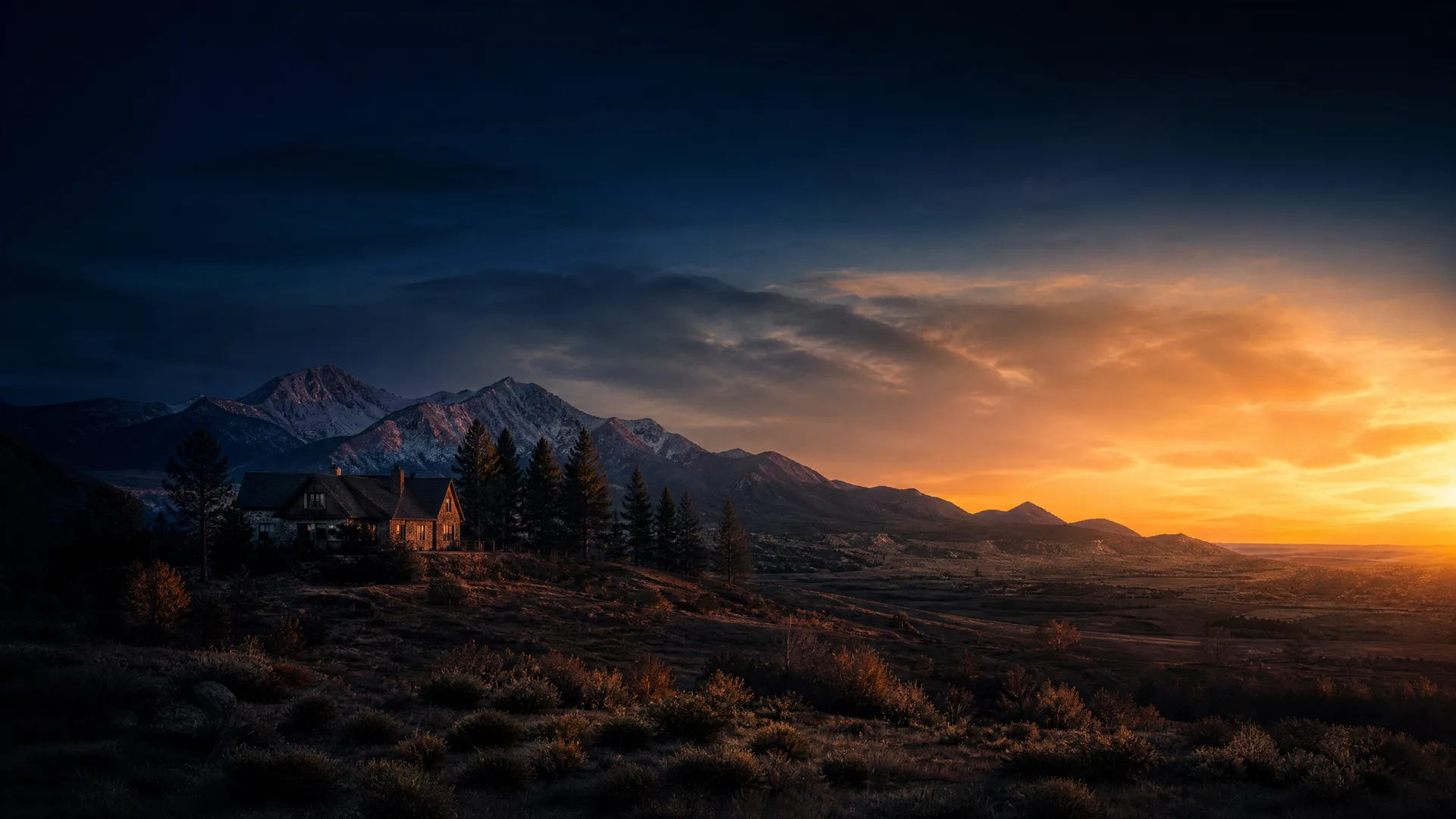 A wide dusk landscape with a dark shrub-covered foreground, a lone house among conifers on a ridge at left, snow-dusted mountains behind, and an orange glow along the horizon under dark clouds.