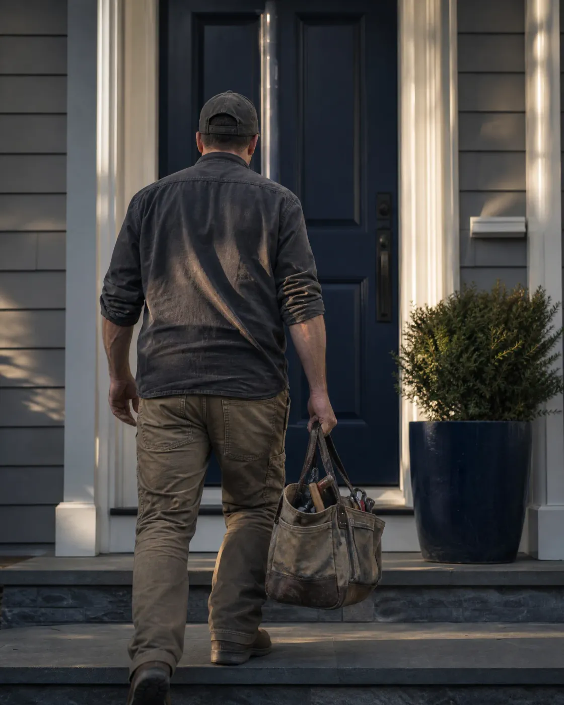 A man in a cap, dusty dark shirt and work pants walks up stone steps toward a dark navy front door, carrying a worn canvas tool bag, with a potted shrub beside the entry.