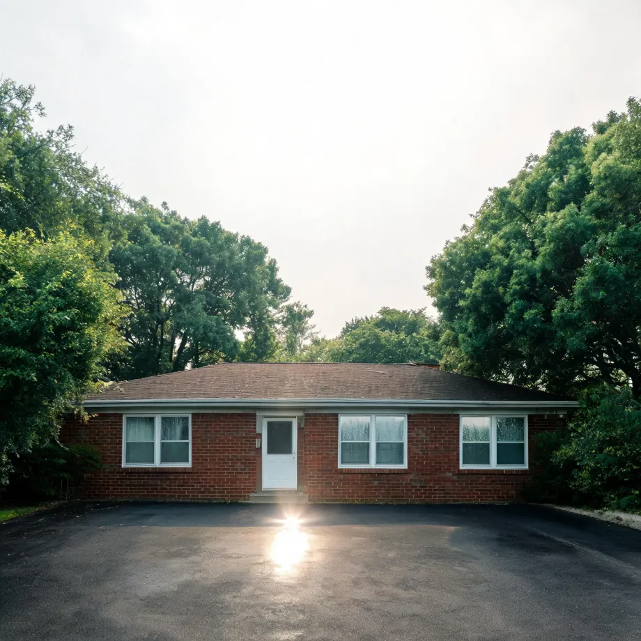 A single-story red brick ranch house with a white front door and three windows, fronted by a large asphalt lot with sun glare, surrounded by dense green trees under a bright hazy sky.
