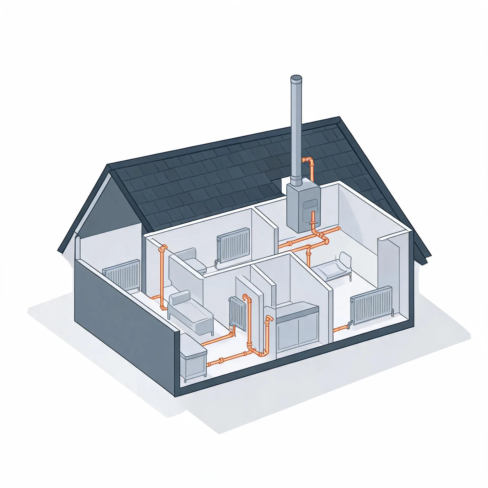 Isometric cutaway illustration of a single-story house showing a boiler with a flue pipe through the roof and orange pipes connecting radiators in several rooms.