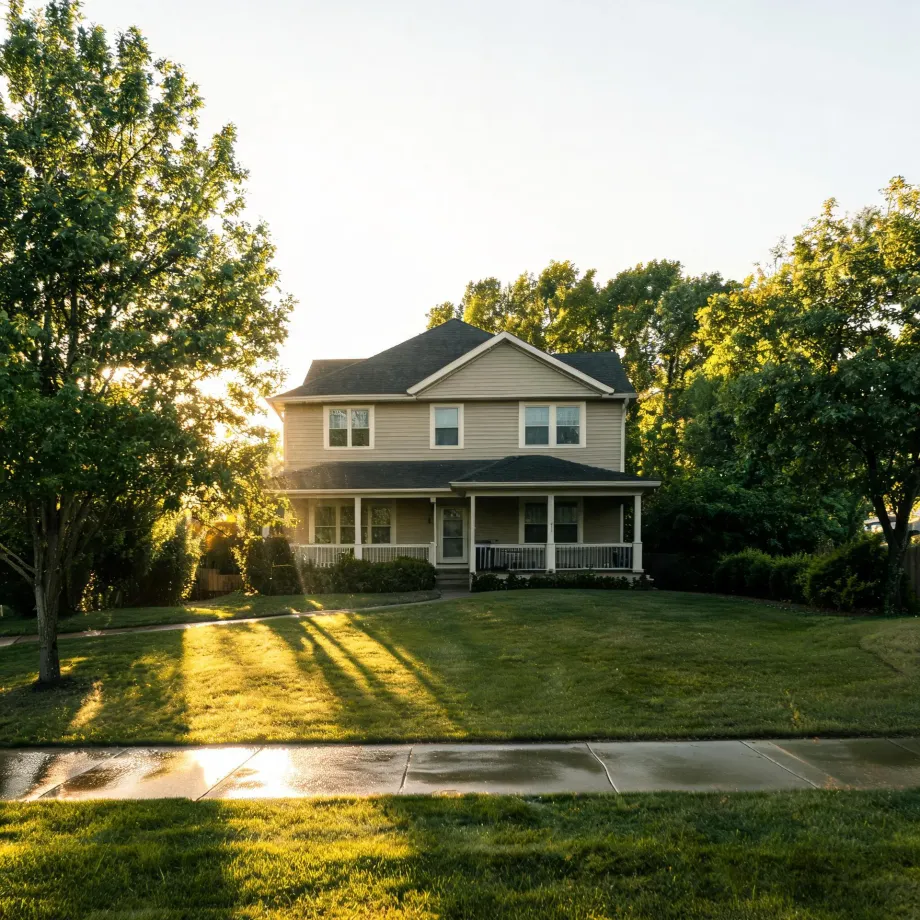 A two-story house with beige horizontal siding, a gray shingled roof and a covered front porch, set behind a mown lawn with a wet concrete sidewalk in the foreground and large leafy trees on both sides in low sunlight.