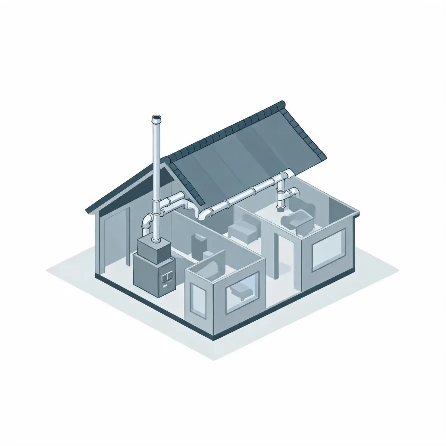 Isometric grayscale illustration of a cutaway house showing an interior furnace with a tall flue pipe and ductwork running to rooms under a partially lifted roof.