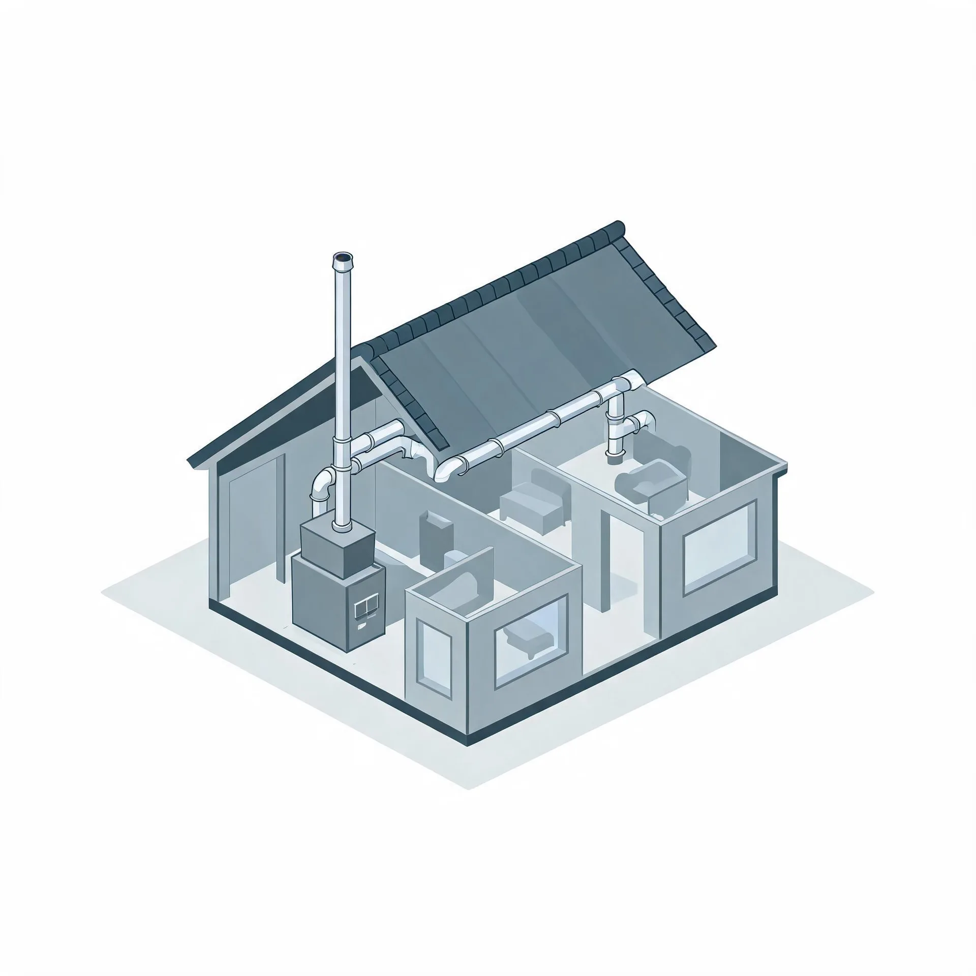 Isometric grayscale illustration of a cutaway house showing an interior furnace with a tall flue pipe and ductwork running to rooms under a partially lifted roof.