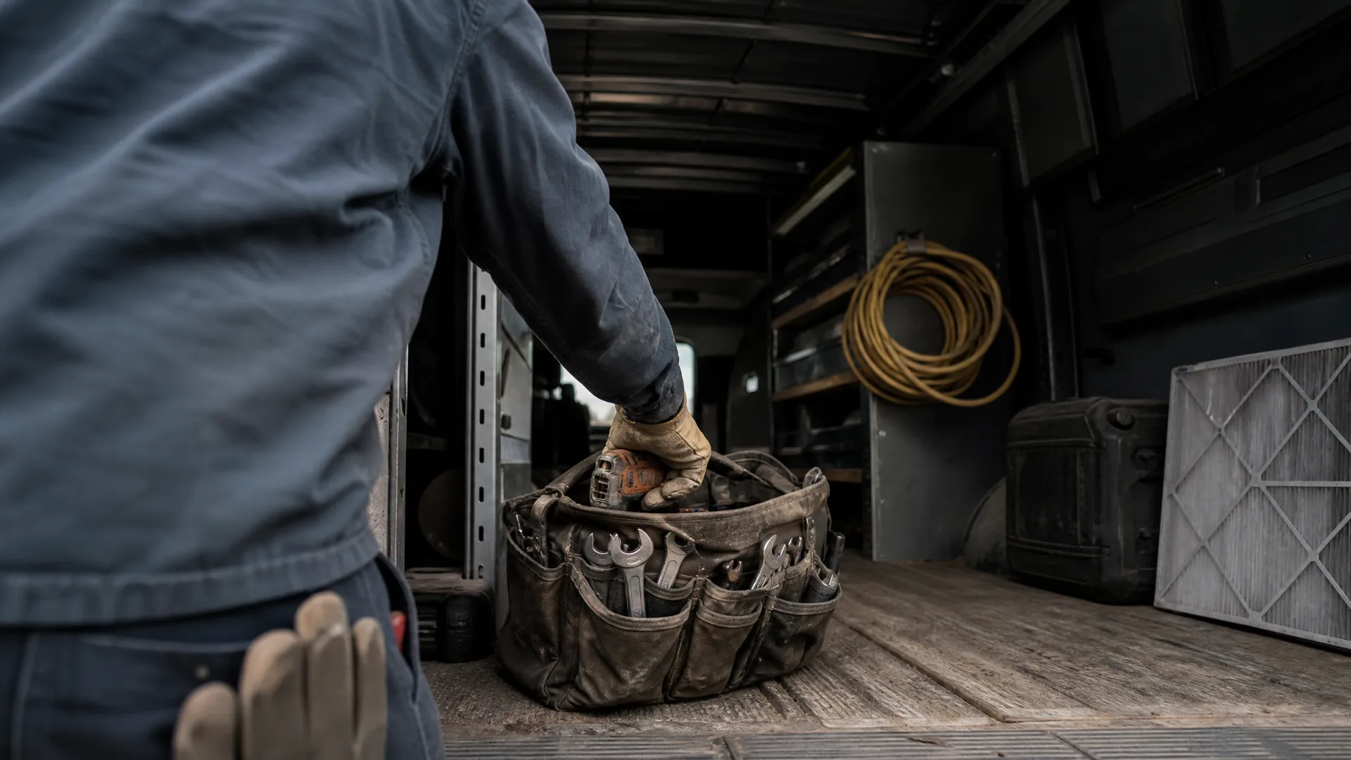 A person in a blue work shirt and leather gloves reaches into a worn canvas tool bag holding wrenches and a drill, on the wooden floor of a van or truck cargo area with a coiled yellow extension cord and air filters nearby.