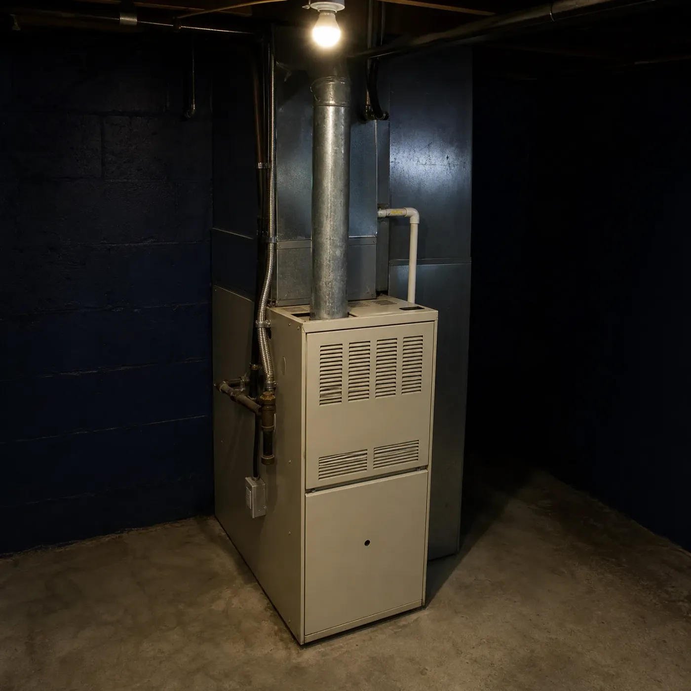 A beige gas furnace with louvered panels stands in a dark basement corner beside a metal flue pipe, ductwork, and painted block walls, lit by a bare ceiling bulb.