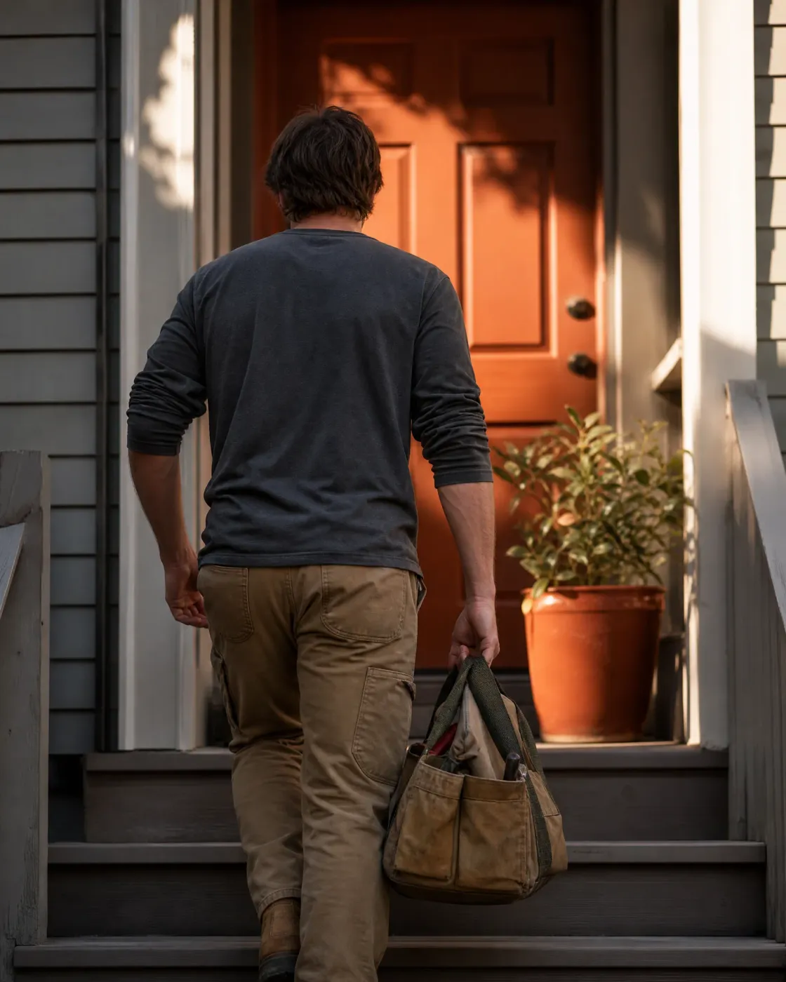 A man in a dark long-sleeve shirt and tan work pants, seen from behind, carries a canvas tool bag up wooden steps toward an orange front door with a potted plant beside it.