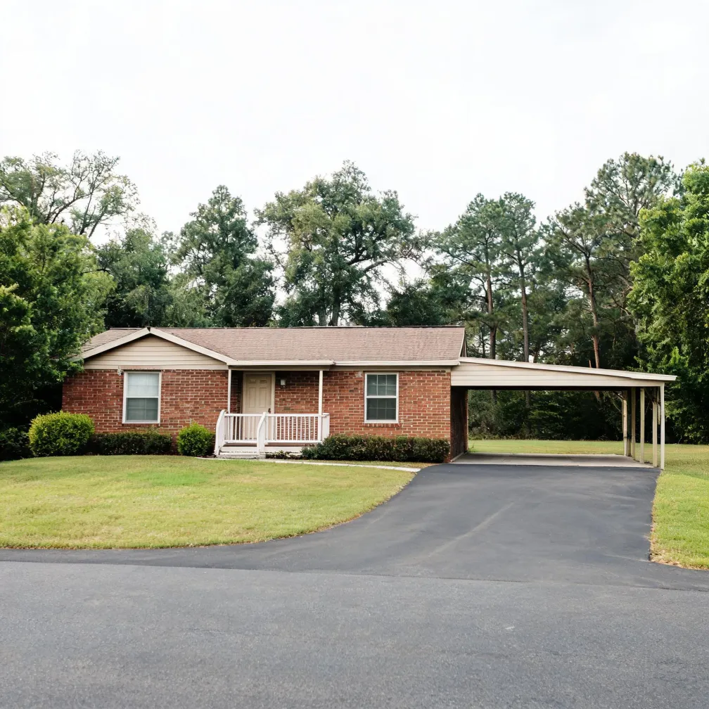 A single-story red brick ranch house with a brown shingled roof, small covered porch with white railings, and an attached carport, fronted by a mowed lawn and a paved driveway meeting a road, with tall trees behind.