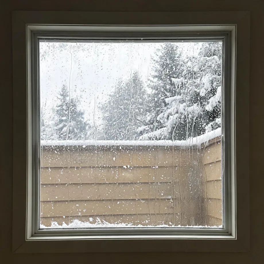 View through a square window with condensation streaks and water droplets, showing snow-covered evergreen trees above a beige horizontal-siding wall topped with snow.