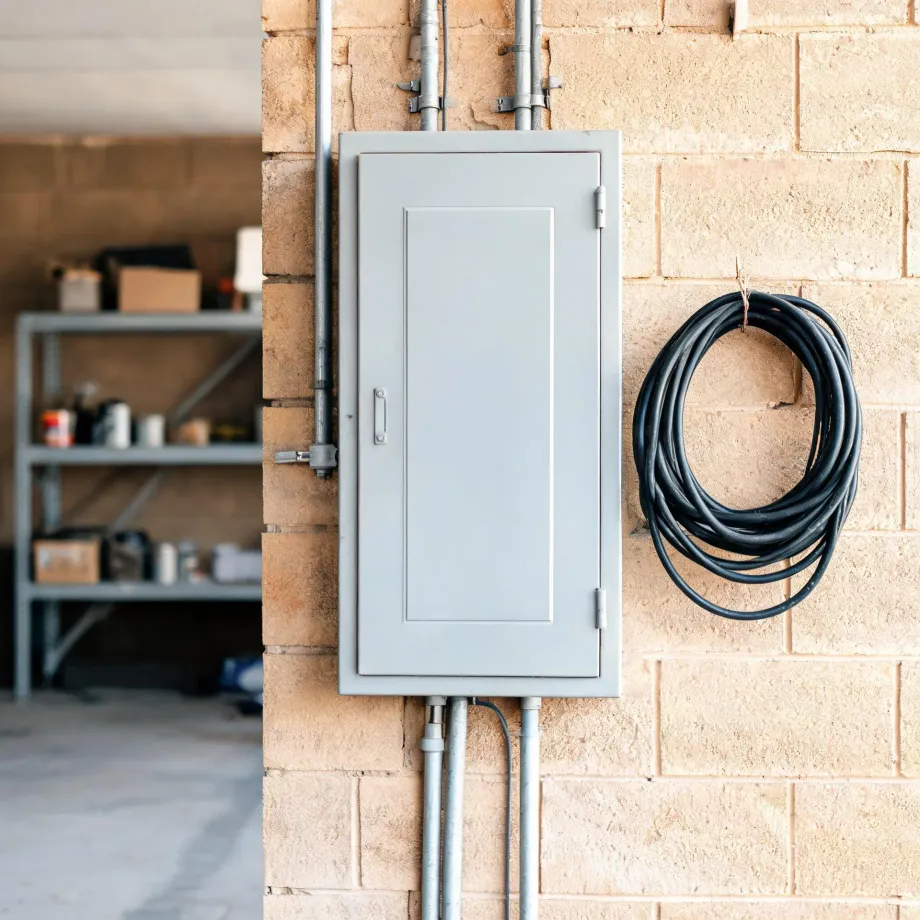 A closed gray electrical panel box mounted on a tan concrete block wall with metal conduit running above and below it, a coiled black cable hanging to the right, and blurred shelving in a garage interior at left.