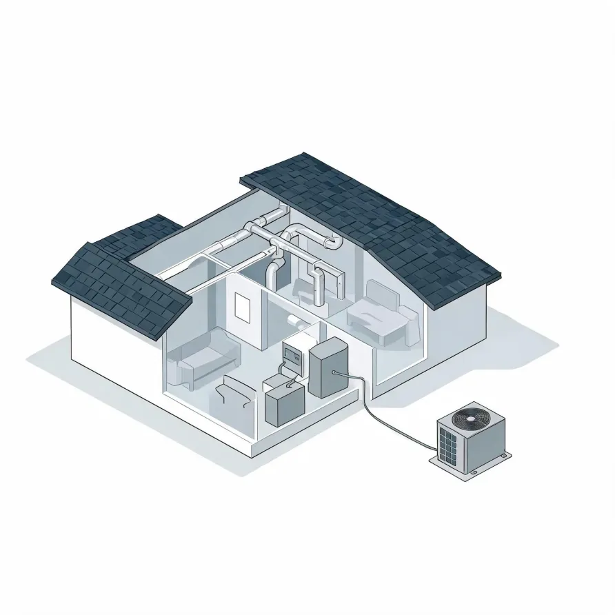 Isometric cutaway illustration of a single-story house showing interior ductwork, an indoor air handler and furnace unit, and an outdoor condenser connected by a line, on a white background.