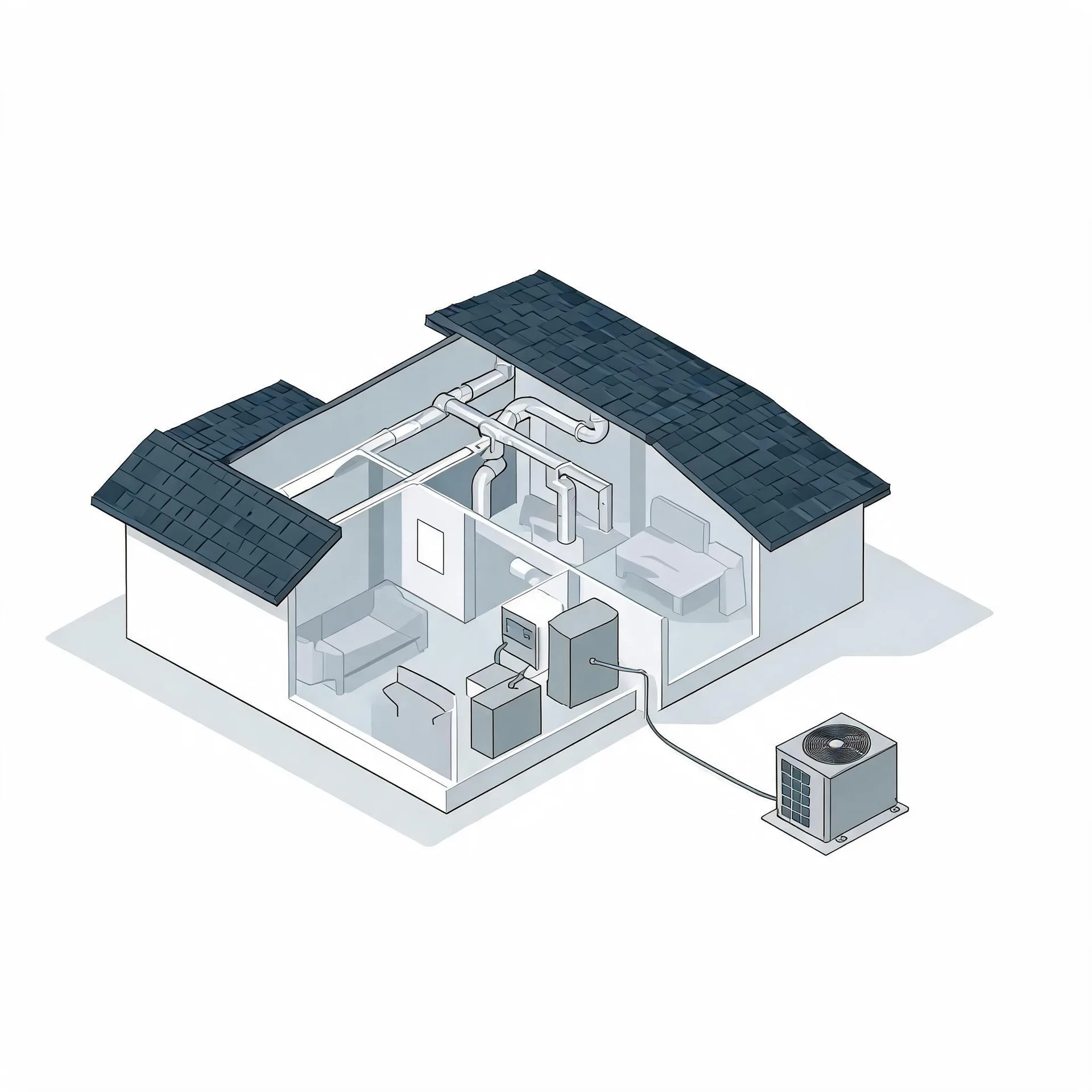 Isometric cutaway illustration of a single-story house showing interior ductwork, an indoor air handler and furnace unit, and an outdoor condenser connected by a line, on a white background.