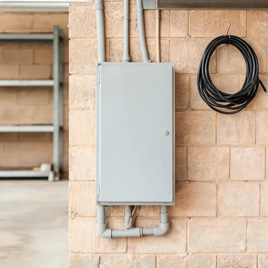 A gray metal electrical enclosure mounted on a tan concrete block wall with gray conduit pipes running above and below it, and a coiled black cable hanging on a nail to the right.