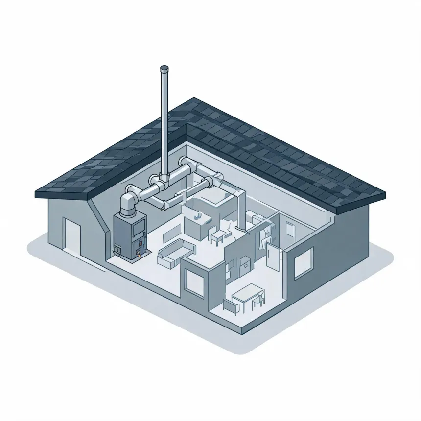 A gas furnace with sheet-metal ductwork and PVC pipes installed in an unfinished basement.