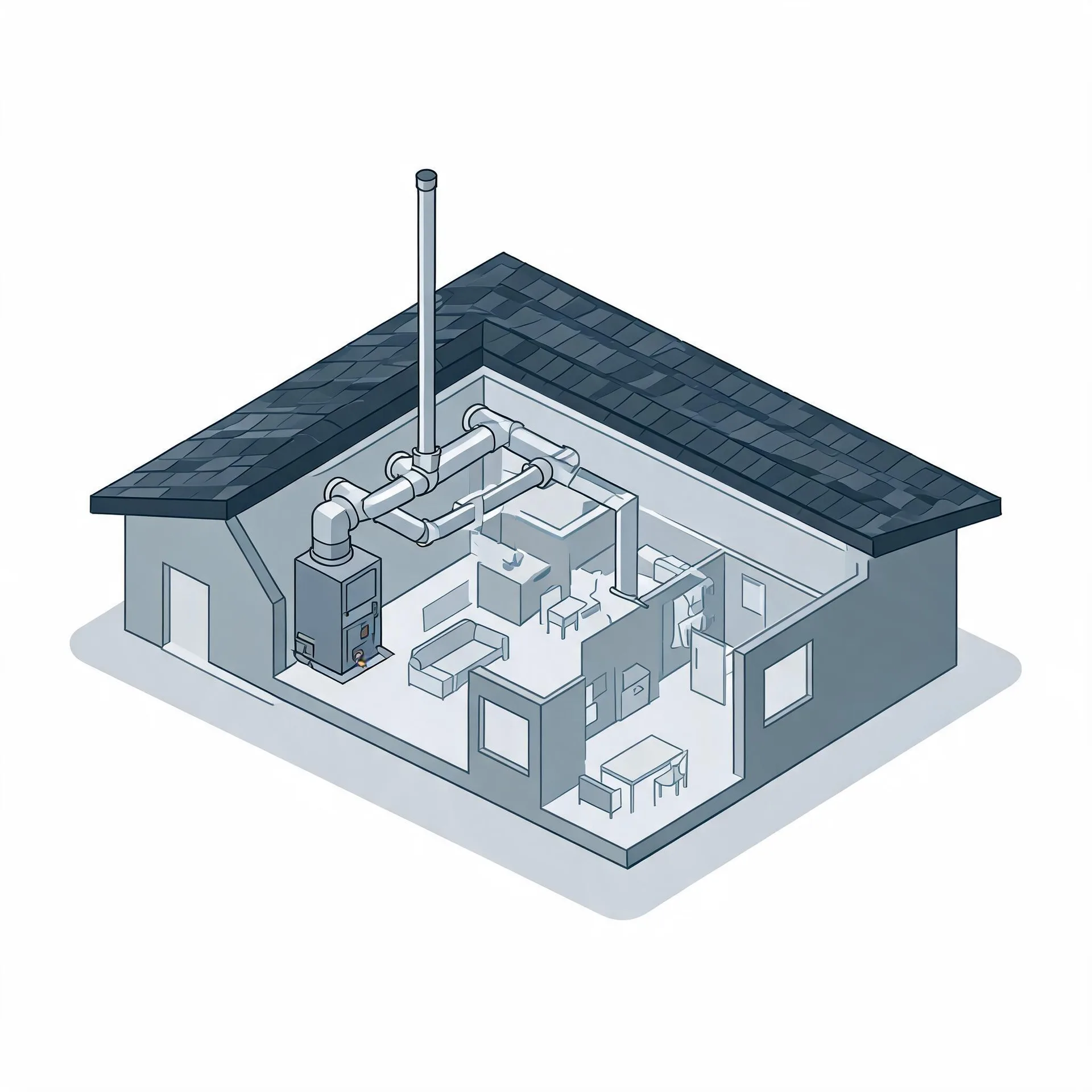 Isometric cutaway illustration of a single-story house showing interior rooms with furniture, a furnace unit with connected ductwork and a tall vertical flue pipe extending above the dark shingled roof.