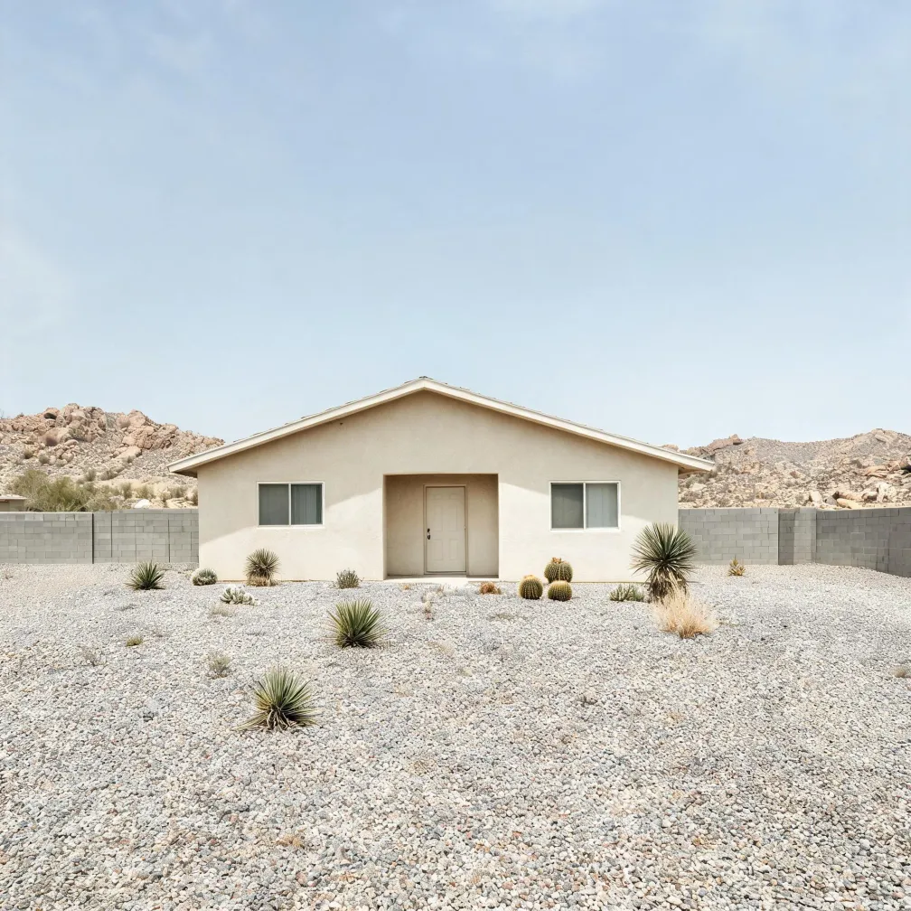 A single-story beige stucco house with a gabled roof, centered door and two windows, fronted by a gravel yard with agave, yucca and barrel cacti, with a concrete block wall and rocky hills behind.