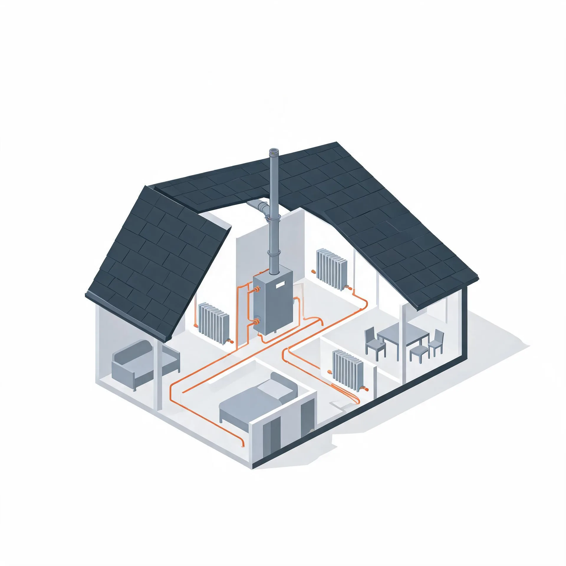 Isometric cutaway illustration of a house showing a central boiler with a flue pipe through the roof and orange pipes running to radiators in rooms furnished with a bed, sofa, and dining table.