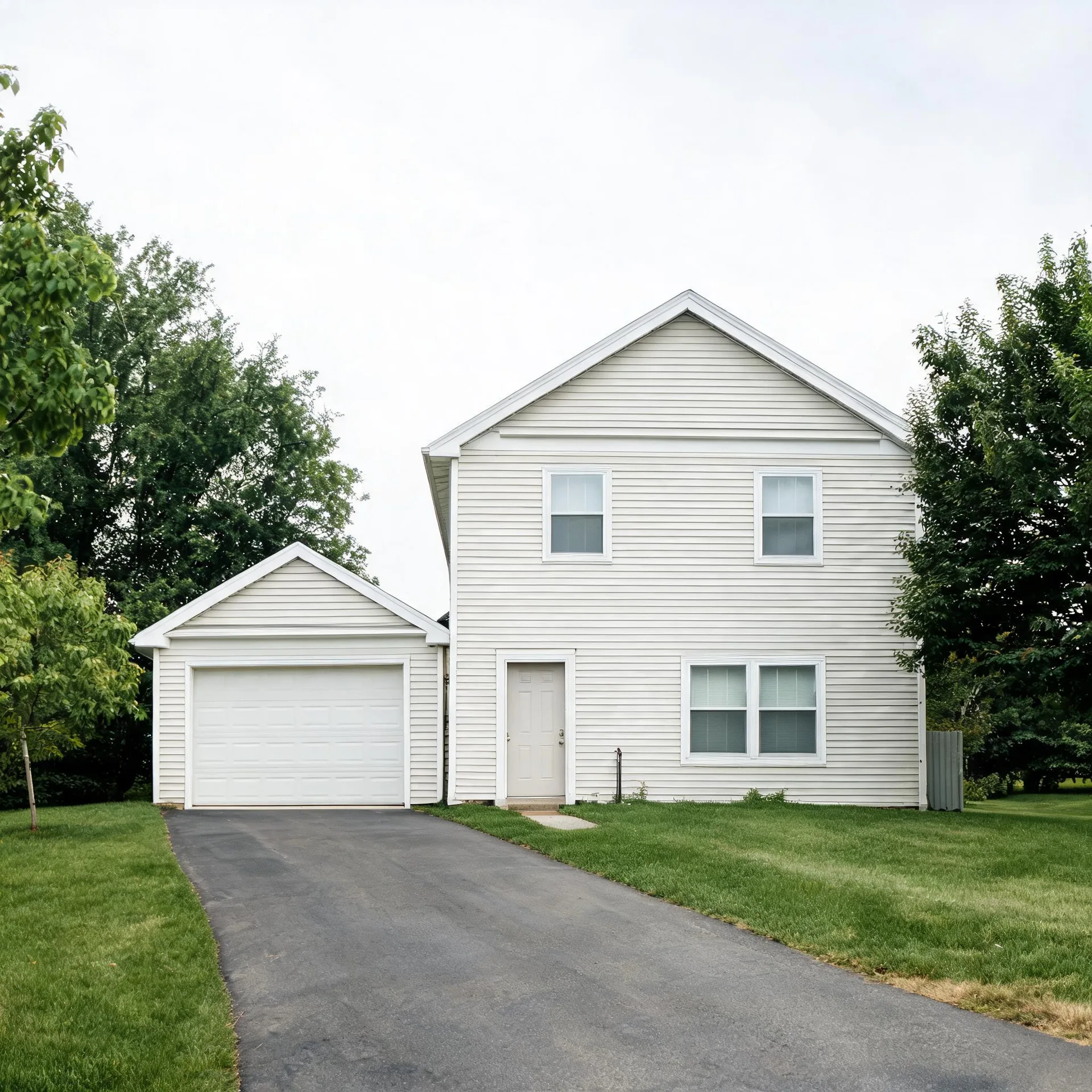 A two-story house with white horizontal vinyl siding and an attached two-car garage, fronted by an asphalt driveway, mown lawn, and deciduous trees under an overcast sky.