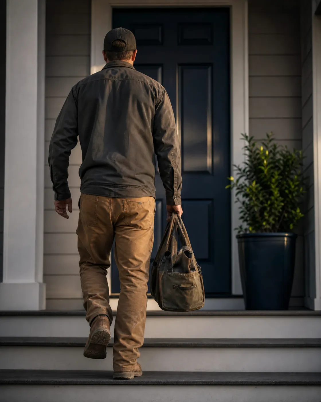 A man in a cap, dark jacket and tan work pants carries a canvas tool bag up concrete steps toward a dark blue front door, with a potted shrub beside the entry.