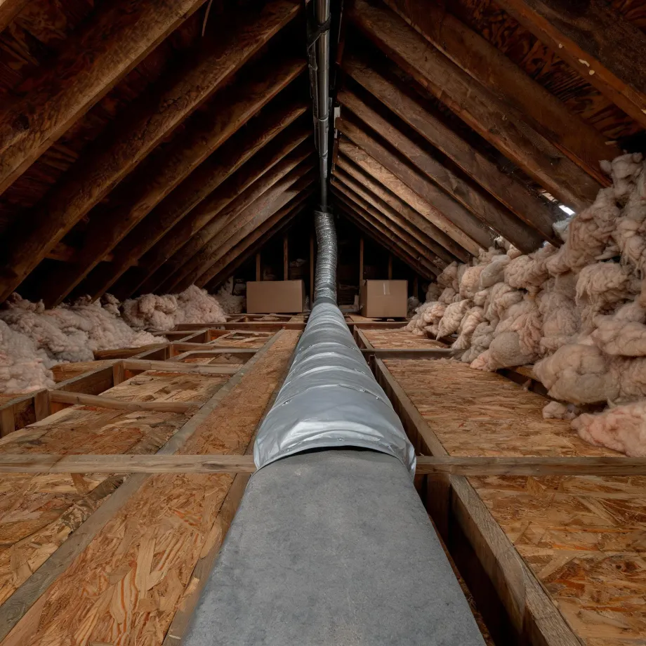 Interior of an unfinished attic with exposed wood rafters, OSB decking over joists, loose fiberglass insulation piled along the sides, and an insulated duct with foil and gray wrap running down the center toward the camera.