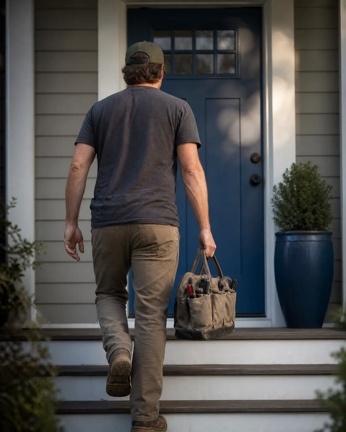 A man in a cap, gray T-shirt and tan work pants climbs porch steps toward a blue front door, carrying a canvas tool bag in his right hand, with a potted shrub in a blue planter beside the door.
