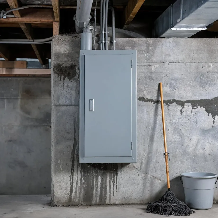 A gray electrical panel box mounted on a stained concrete basement wall, with conduit and ductwork along the joisted ceiling above, and a wooden-handled mop leaning beside a gray bucket at right.