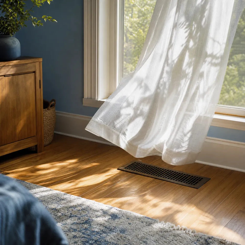 A dark metal floor vent set in hardwood flooring near a window with a billowing sheer white curtain, beside a blue wall, wooden cabinet with a potted plant, woven basket, and a patterned rug.
