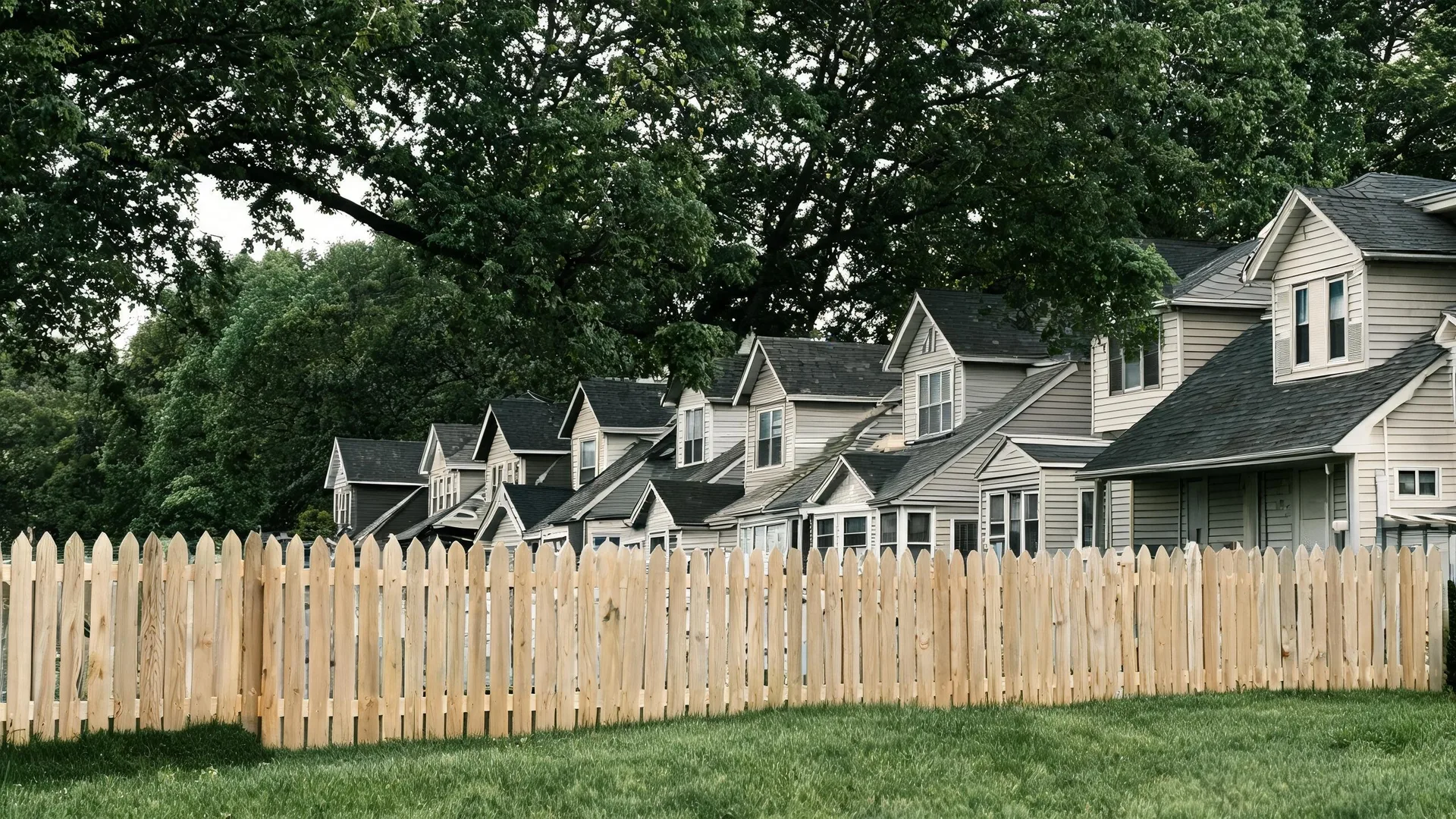 A new wooden picket fence runs along a grass lawn in front of a row of similar two-story houses with gabled roofs and light siding, under large leafy trees.
