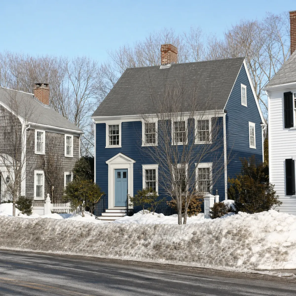 A blue clapboard two-story house with a brick chimney and white trim stands between a gray shingled house and a white house, with piled snow along the roadside and bare trees under a clear sky.