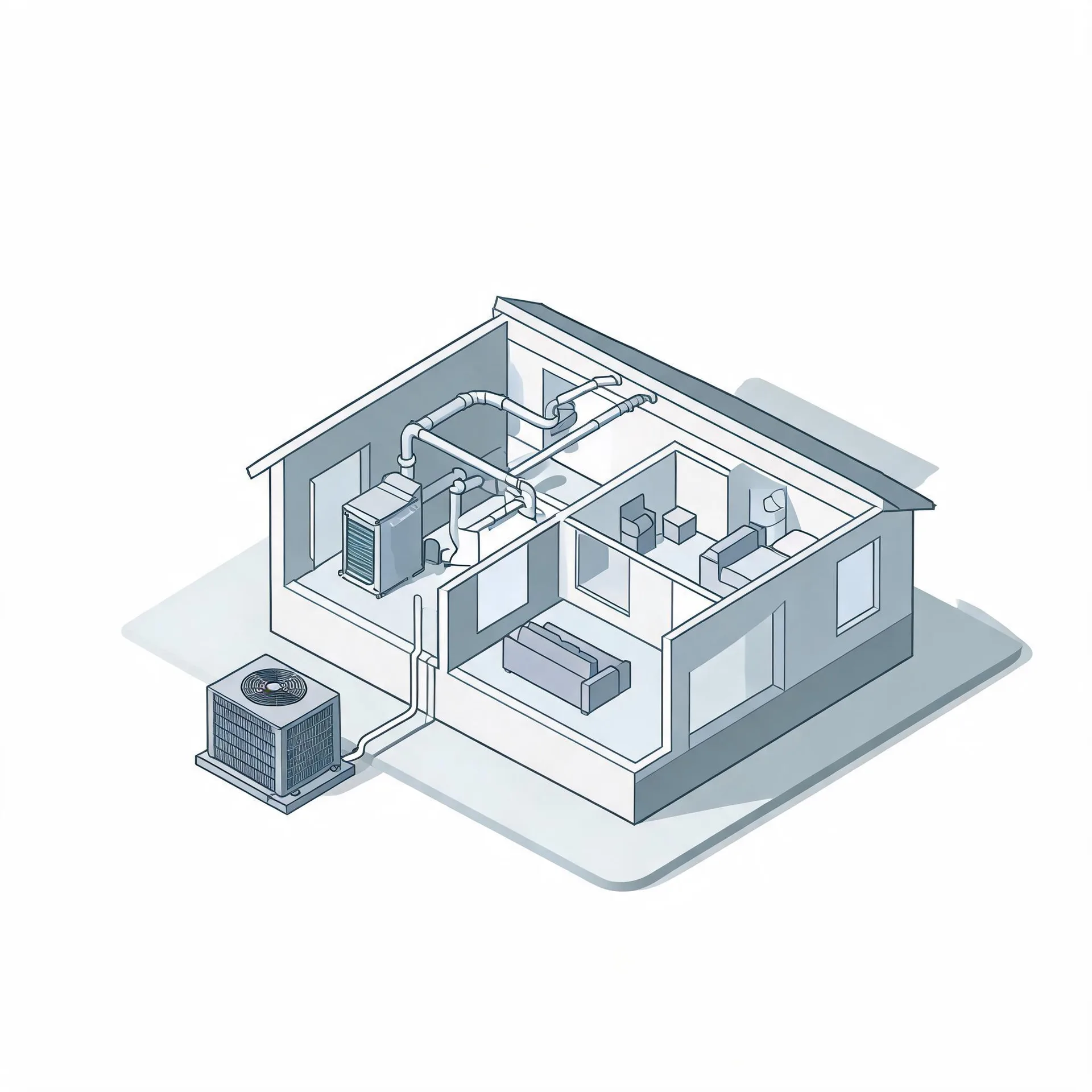 Isometric line illustration of a cutaway house showing interior rooms, a furnace or air handler with ductwork, and an outdoor condenser unit beside the building.