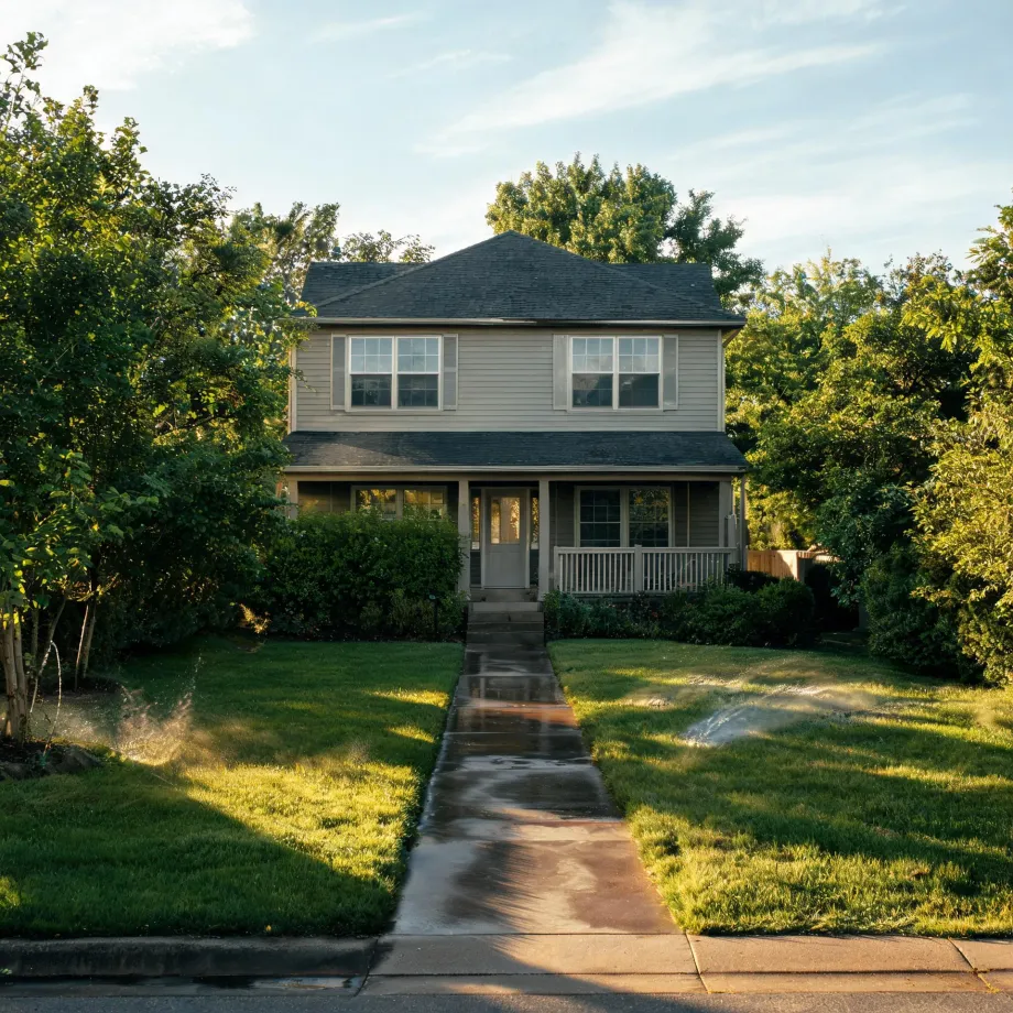 A two-story house with light horizontal siding and a covered front porch, fronted by a concrete walkway and a lawn with running sprinklers, surrounded by leafy trees and shrubs.