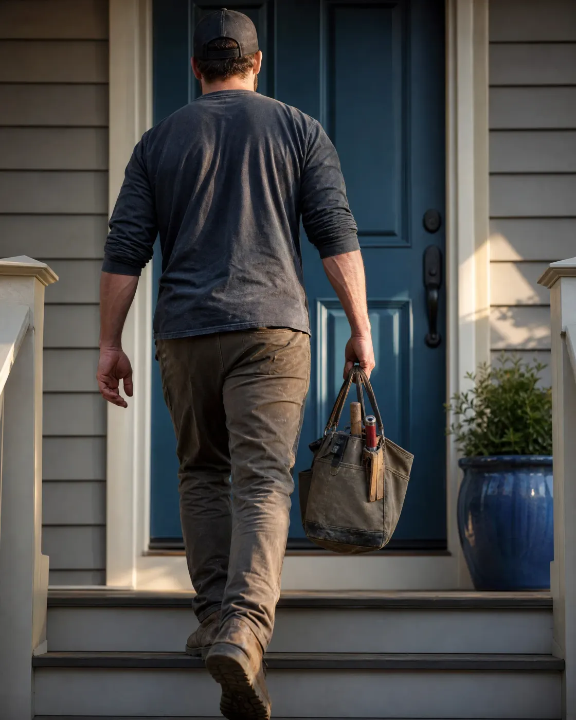 A man in a cap, long-sleeved shirt and work pants carries a canvas tool bag up porch steps toward a dark blue front door, beside a blue ceramic planter.