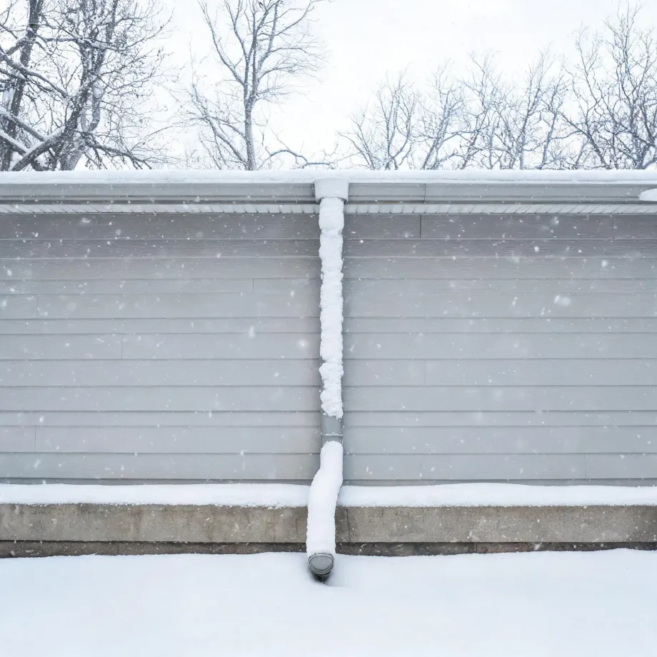 Snow-covered downspout running down the light gray horizontal-lap siding of a house wall to a concrete foundation, with falling snow and bare trees behind the roofline.