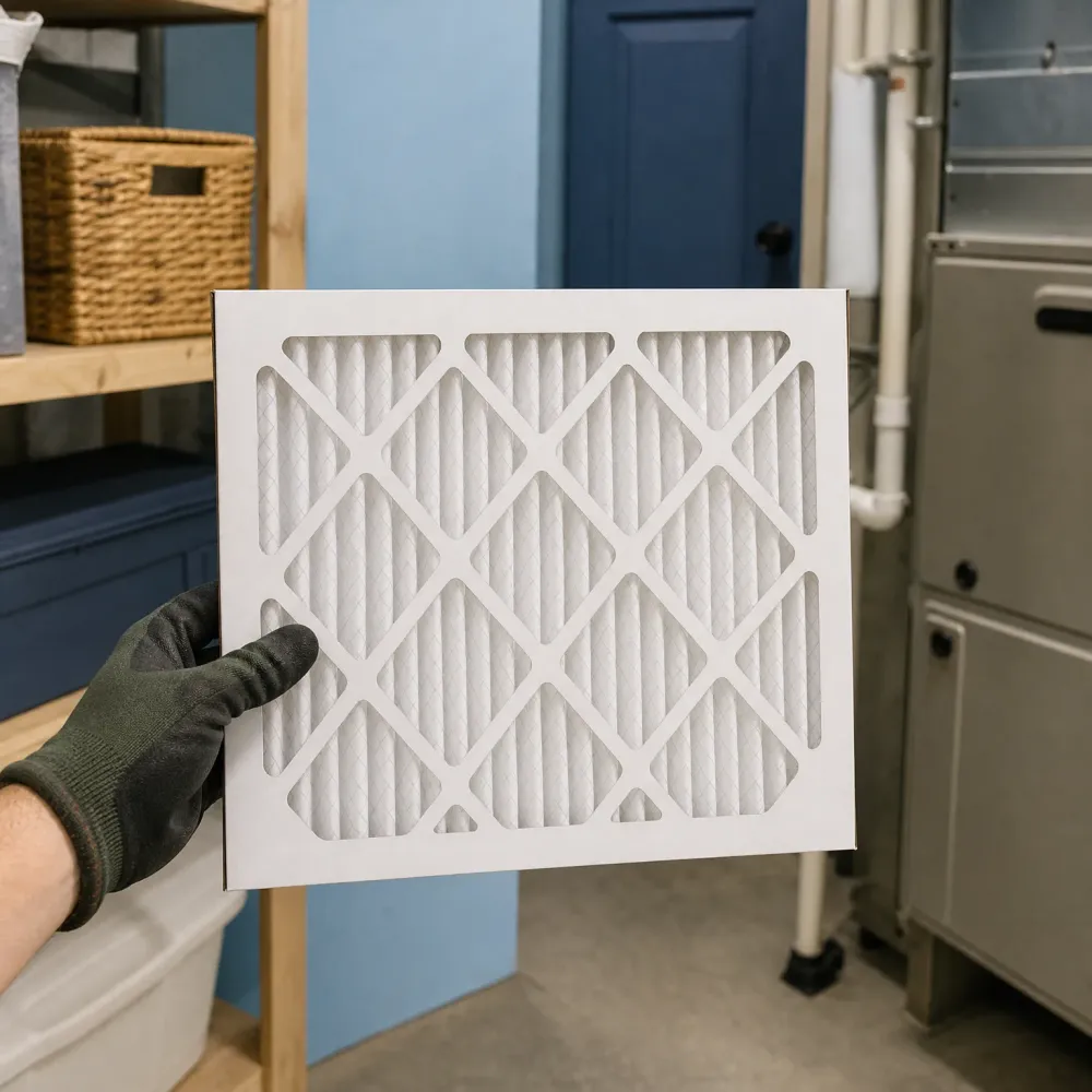 A gloved hand holds a white pleated air filter in front of a furnace and shelving in a basement utility area.