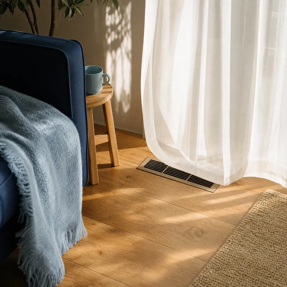 A sunlit room with wood plank flooring, a floor vent grille near a sheer white curtain, a dark blue sofa with a pale blue fringed throw, and a wooden stool holding a blue mug.