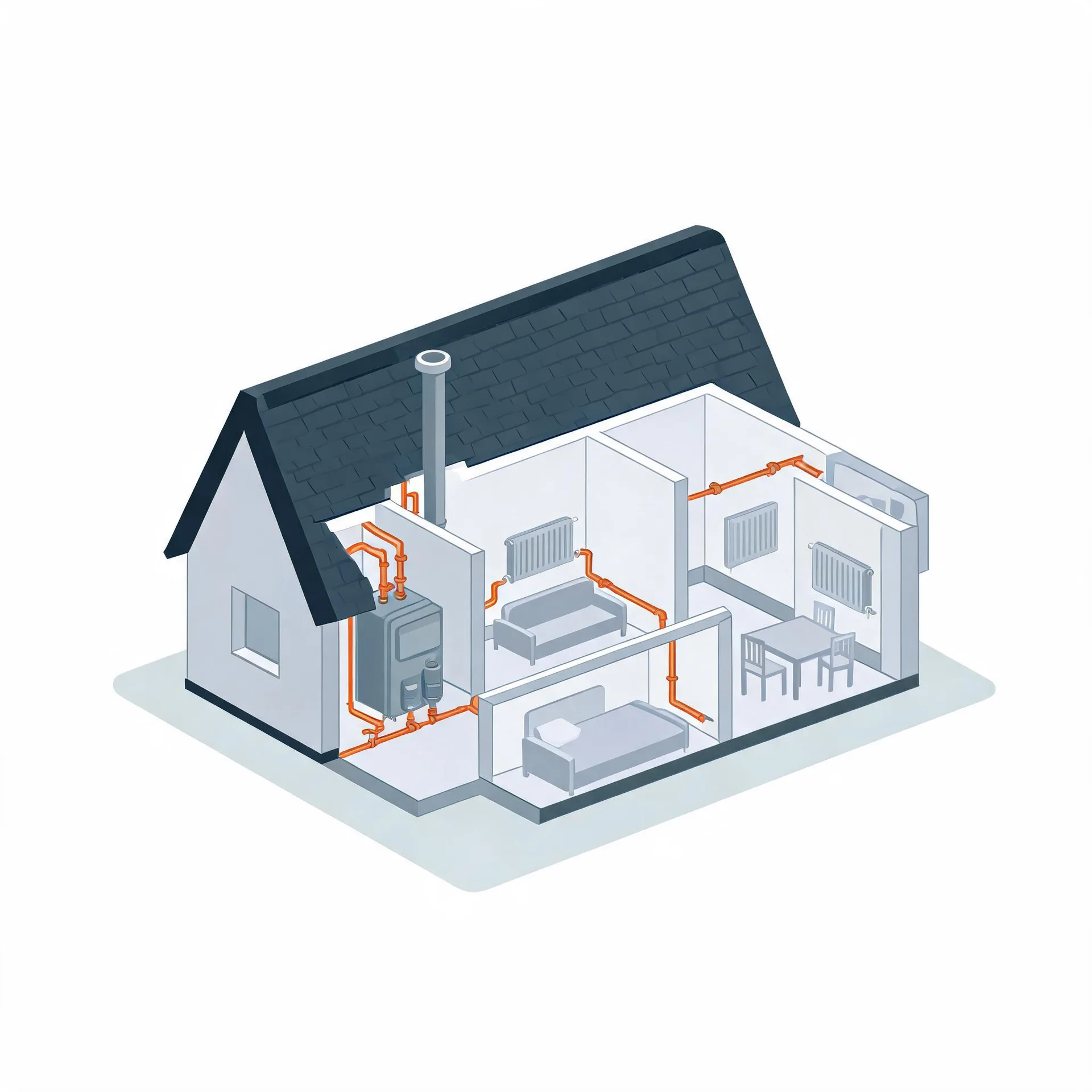 Isometric cutaway illustration of a house showing a boiler with a flue connected by orange pipes to radiators in furnished rooms containing beds, a sofa, and a table with chairs.