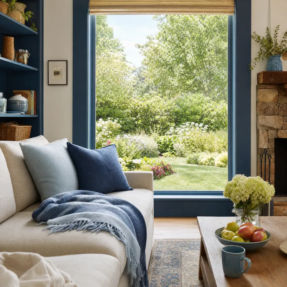 A living room with a cream sofa, blue pillows and a fringed blue throw beside a large blue-framed window looking onto a green garden, with a stone fireplace, wooden coffee table holding apples, a mug and white hydrangeas, and blue built-in shelves.