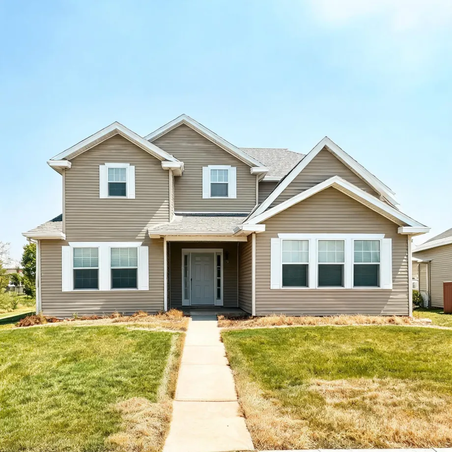 Two-story house with tan vinyl siding, white-trimmed windows, gabled roofs and a gray front door, fronted by a concrete walkway and patchy green and brown lawn under a clear blue sky.