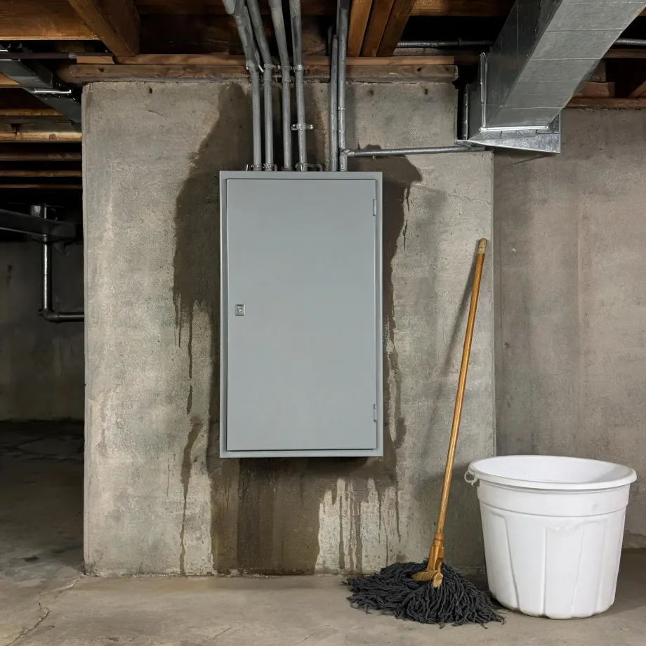A gray electrical panel box mounted on a stained concrete basement wall with conduit pipes and ductwork overhead, a mop leaning beside a white plastic bucket on the floor.