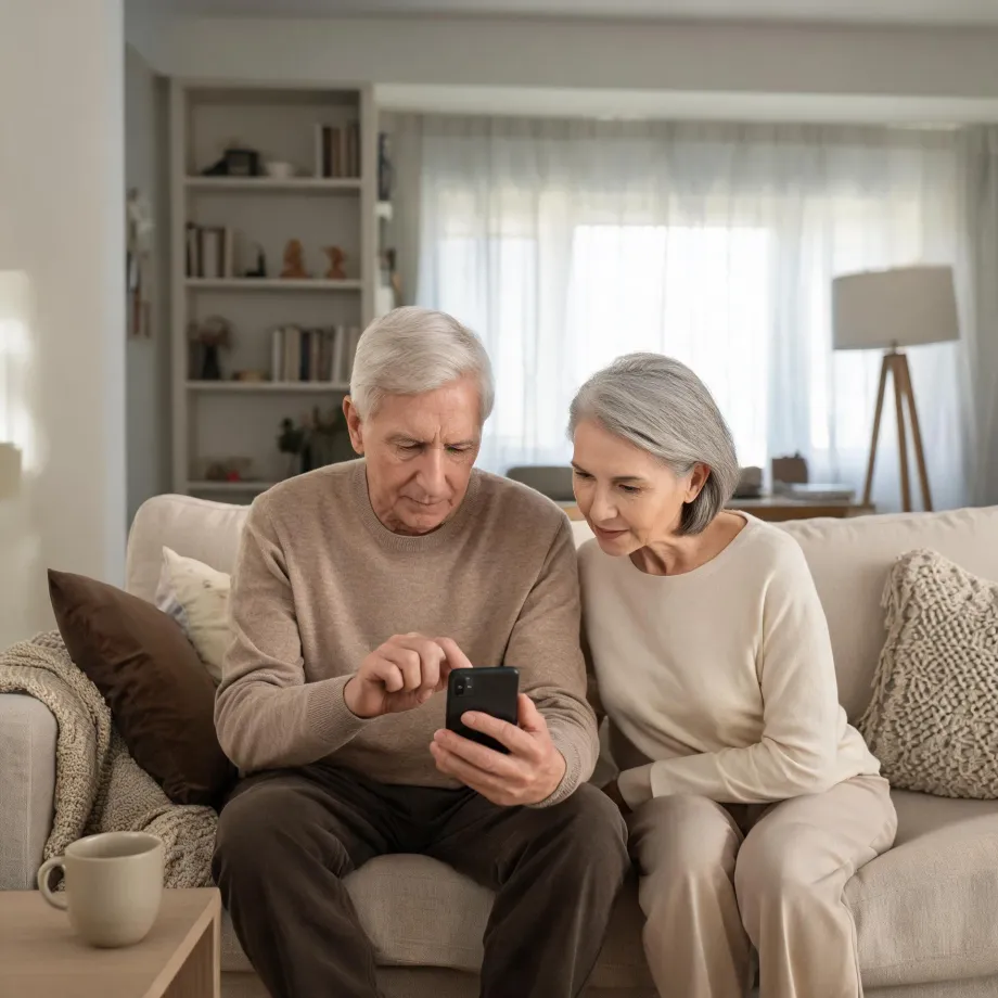 An older man and woman sit together on a light-colored sofa in a living room, both looking at a smartphone he is holding, with a bookshelf, curtained window, floor lamp and a mug on a low table nearby.