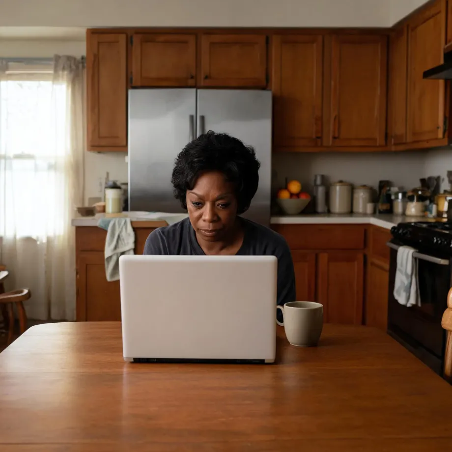 A woman sits at a wooden kitchen table looking at an open white laptop, with a mug beside her and wood cabinets, a stainless steel refrigerator, and a stove in the background.