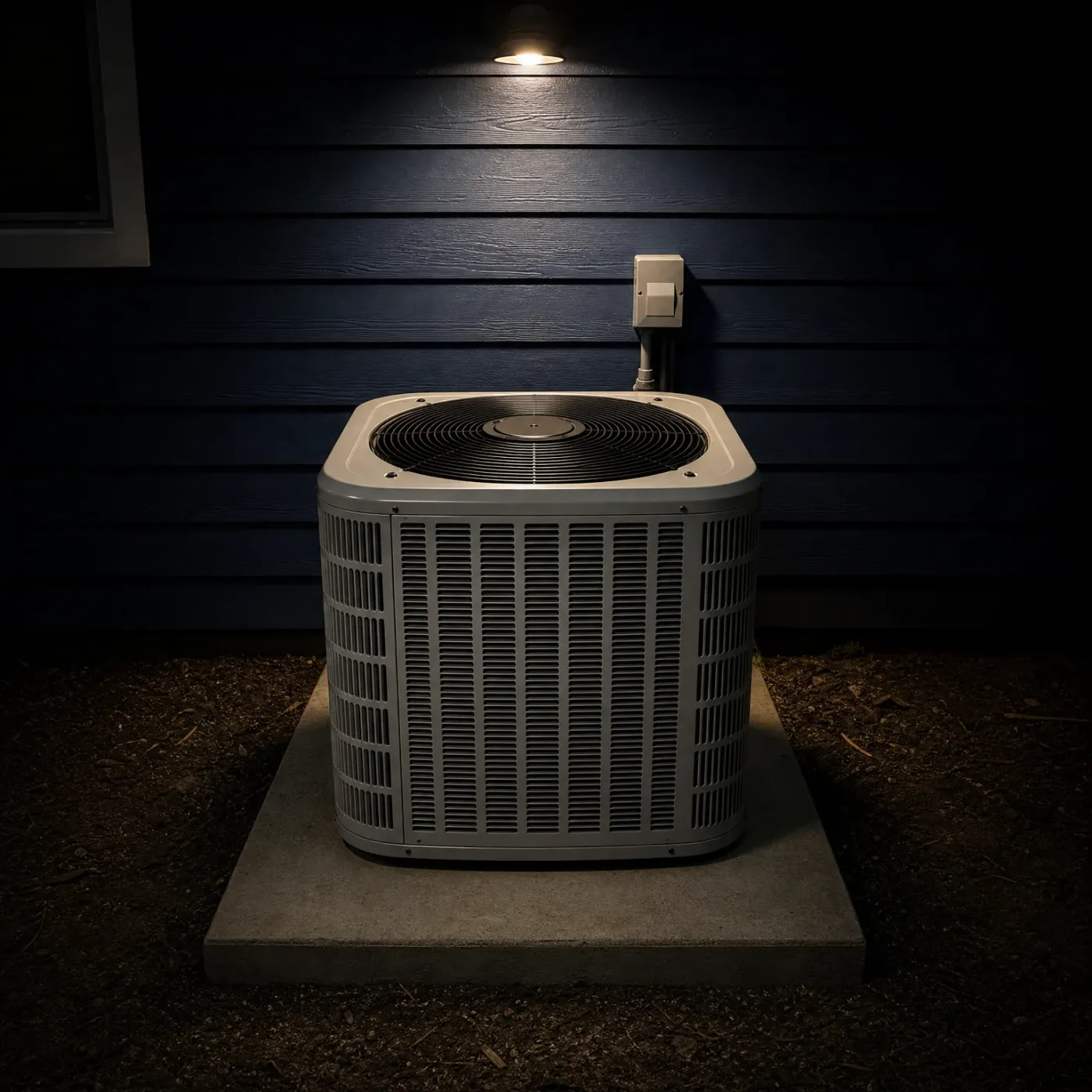 A gray outdoor condenser unit on a concrete pad beside a dark blue horizontal-lap sided wall at night, lit by a wall-mounted light above, with an electrical disconnect box on the wall behind it.