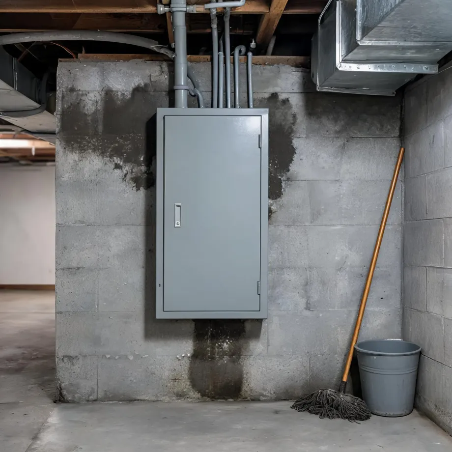 A gray metal electrical panel box mounted on a water-stained concrete block basement wall, with conduit running to exposed ceiling joists and ductwork, and a mop leaning against a gray bucket at right.
