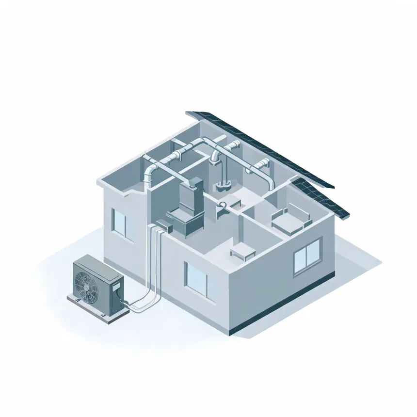 Isometric cutaway illustration of a single-story house showing interior ductwork, an air handler and rooms, with an outdoor condenser unit connected by refrigerant lines on a plain white background.