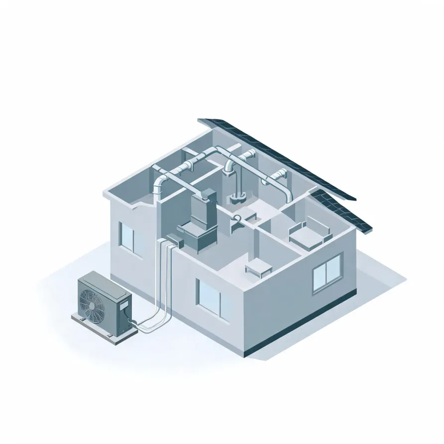Isometric cutaway illustration of a single-story house showing interior ductwork, an air handler and rooms, with an outdoor condenser unit connected by refrigerant lines on a plain white background.