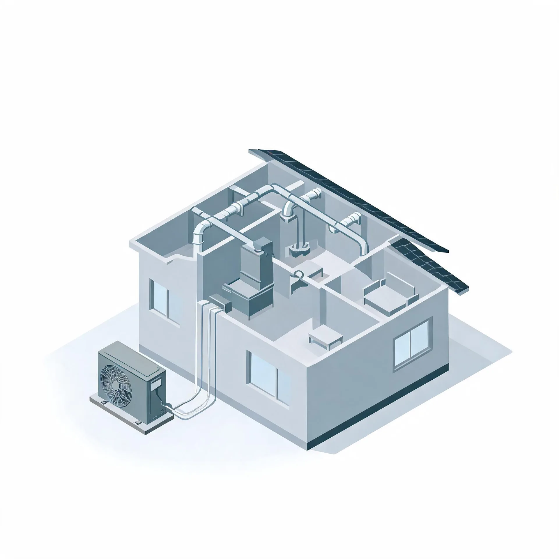 Isometric cutaway illustration of a single-story house showing interior ductwork, an air handler and rooms, with an outdoor condenser unit connected by refrigerant lines on a plain white background.