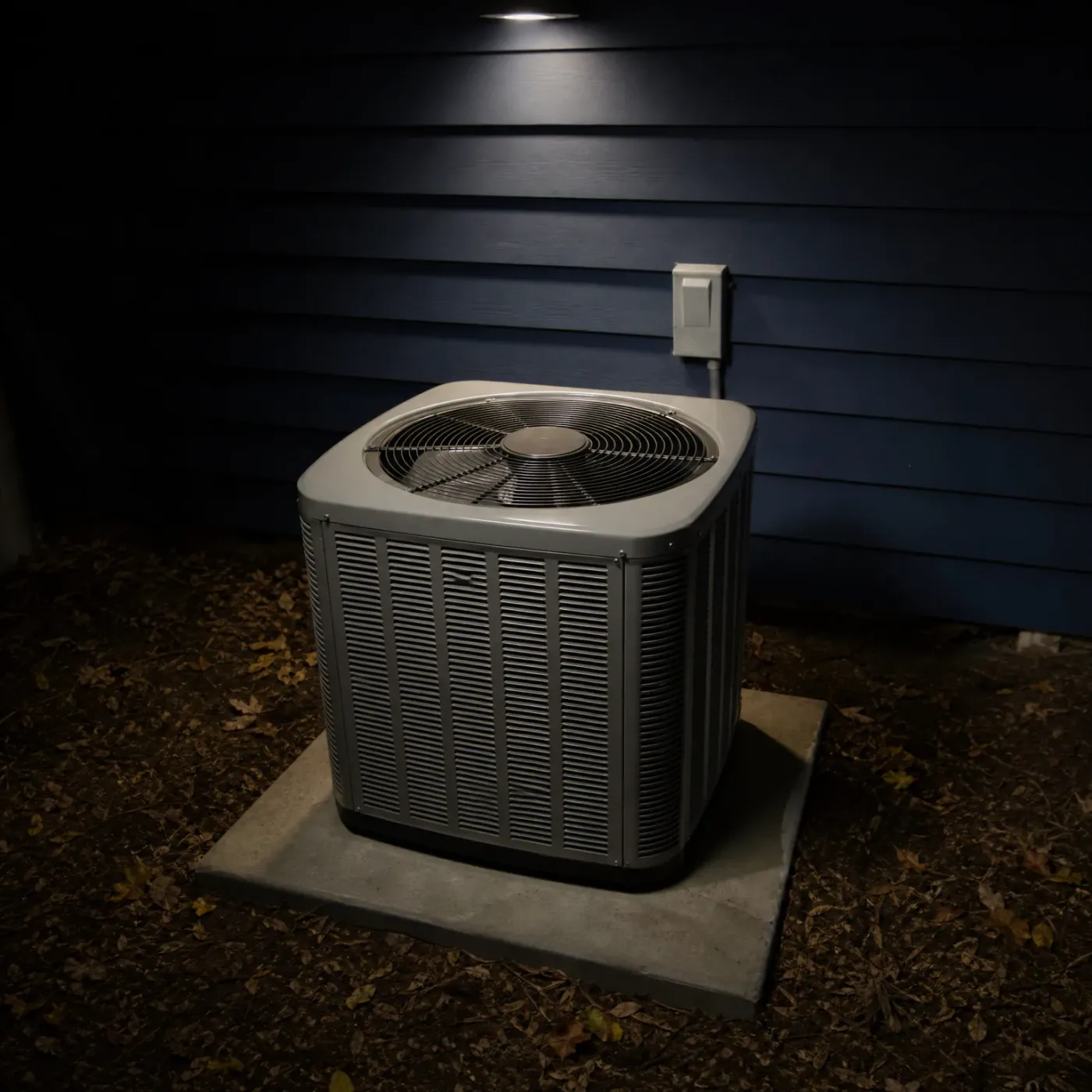 An outdoor air conditioning condenser unit on a concrete pad beside a dark blue horizontal lap-sided wall at night, lit from above, with a disconnect box on the wall and fallen leaves on the ground.